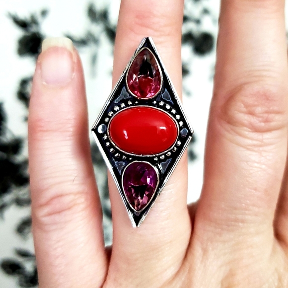 New Coral and Bi-Color Tourmaline 925 Silver Ring. - Picture 5 of 8